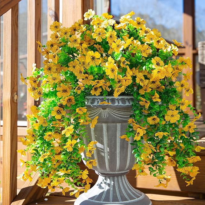 HyeFlora Artificial Hanging Flowers for Outdoors Decoration, 2pcs Fake Daisy with Eucalyptus Leaves for Garden Yard Porch (Yellow)