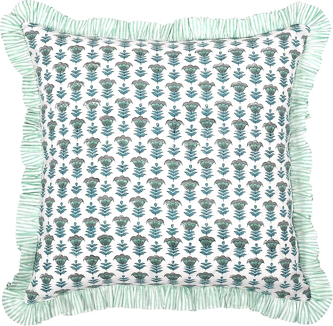 Ridhi Block Print Aquamarine Blue Throw Pillow Cover 20" x 20" (Pack of 2) Decorative Cushion Covers with Ruffle for Couch, Sofa, Bed, Living Room, Home Decor Gift for Spring, Easter, Valentine