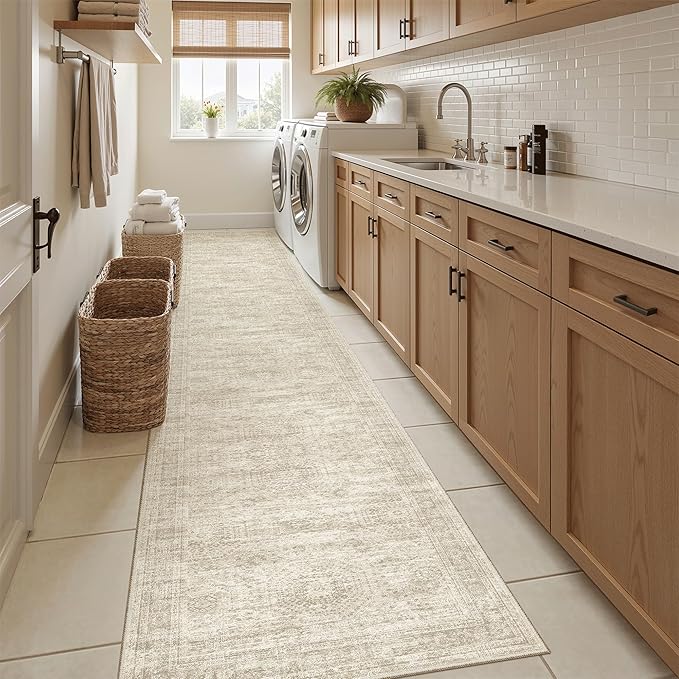 Soalmost Runner Rug 2'x10' Washable Non-Slip Runner Rugs for Kitchen Bathroom Laundry Room Beige Vintage Floor Carpet Runners for Hallway Entryway