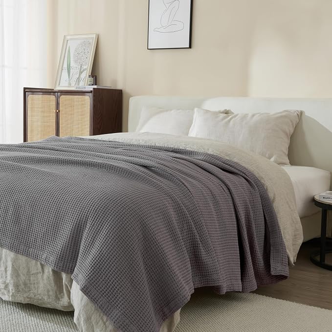 100% Cotton Dark Grey Blanket Full/Queen Size for Bed - Breathable and Soft, Waffle Weave for Summer Spring, 90x90 Inches