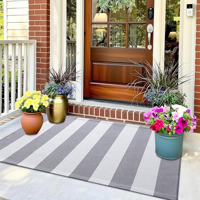 OLANLY Grey and White Striped Rug 2'4" x 3'7" (27.5" x 43") – Washable Cotton Indoor Outdoor Doormat for Front Door, Entryway, Kitchen, Porch, Patio Decor