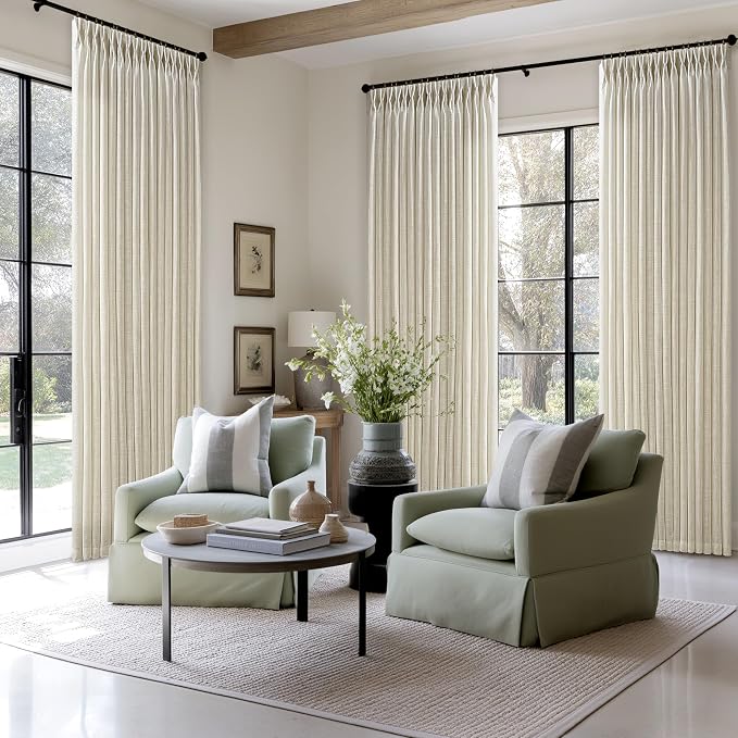 Beige Flax Linen Curtains 96 Inches Long for Living Room Dining 2 Panels Burlap Textured Pinch Pleated Drapes Hooks Farmhouse Neutral Light Filtering Semi Sheer Tan 96 Inch Curtain for Bedroom 50x96