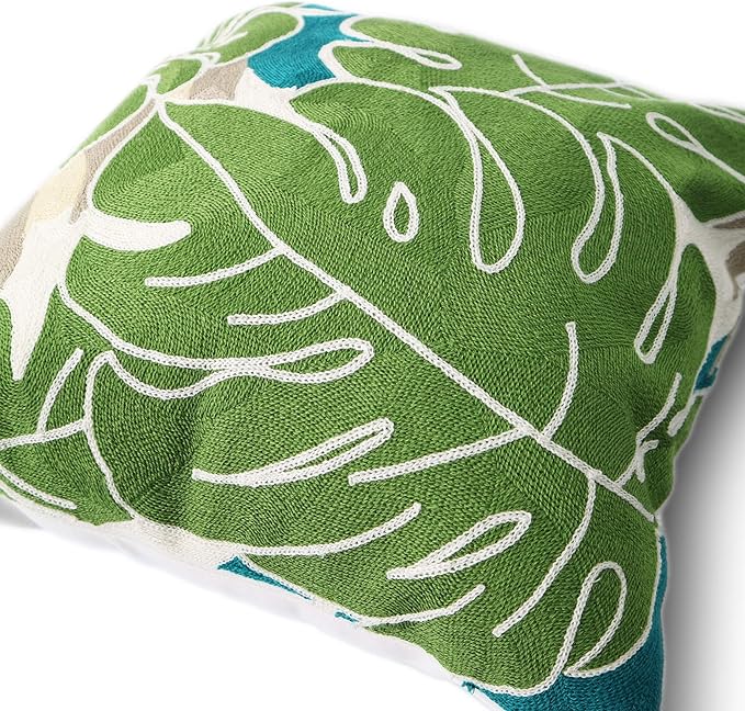 Embroidery Throw Pillow Cover Tropical Leaves 18x18 Inches Decorative Floor Pillow Cover for Couch 100% Cotton Cushion Cover Pillow Case Full Size Monstera Leaf Embroidered, Green, 1 Piece