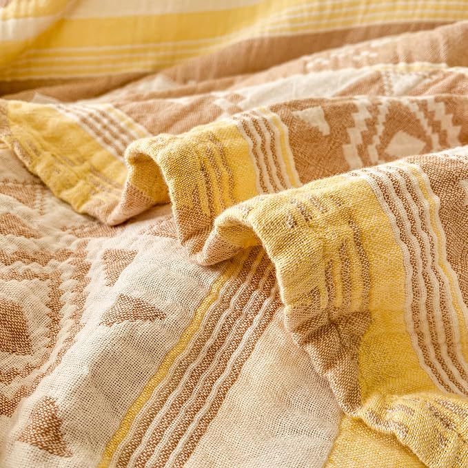 MEJU Muslin All Season Blanket for Bed Sofa Couch, 100% Combed Cotton 3 Layer Soft Warm Quick Dry Throw Blanket Bed Coverlet Sheet (Boho Yellow, Twin 60 in x 80 in)