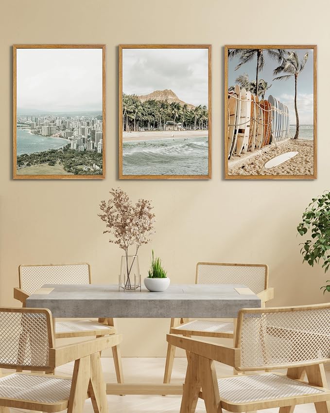 UPWOIGH Hawaii Coastal Framed Wall Art, 16 x 24 Inch, Set of 3 | Surfboard Beach, Diamond Head and Honolulu Prints, Soft Coastal Tones, Light Wood Frames for Living Room and Office