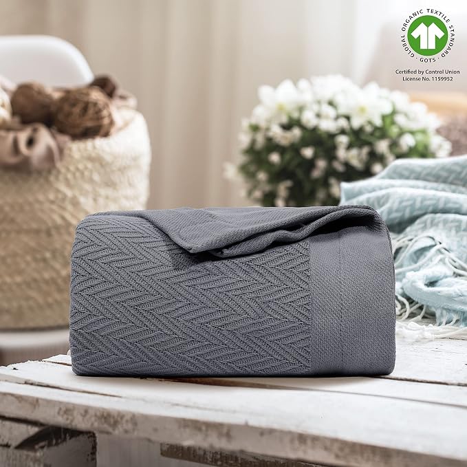 THREAD SPREAD Organic GOTS Cotton Blanket, Full/Queen - 350 GSM, Antistatic, Fuzzy Soft, Lightweight, Sofa, Camping & Travel, Perfect Herringbone All Seasons Throw, Dark Grey with Free Tote Bag