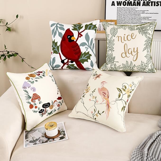Mushroom Pillow Covers 18 x 18 Set of 2 Embroidered Throw Pillow Covers Mushrooms Decorative Pillowcases Farmhouse Cotton Pillow Cushion Cases Spring Summer Home Decor Square Floral Pillow Case
