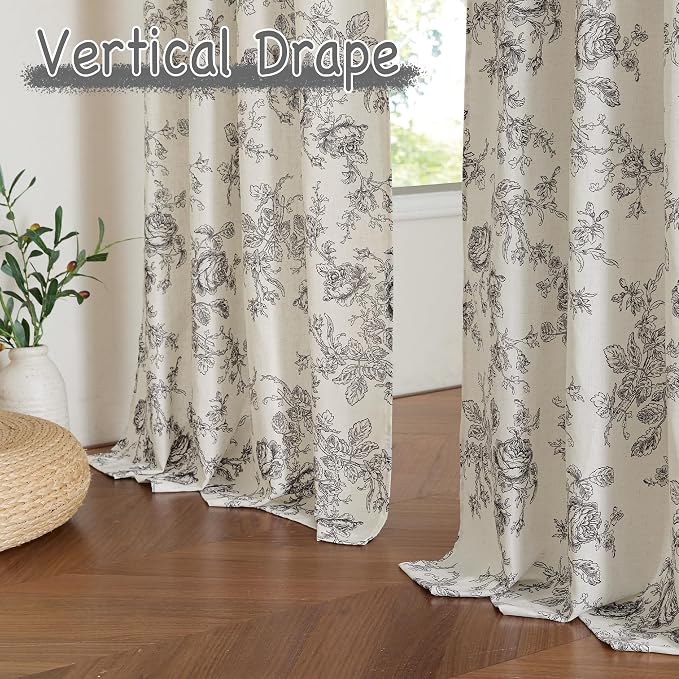 StangH Linen Floral Curtains for Living Room, Black Printed 84 inch Length Farmhouse Light Filtering Flower Patterned Drapes for Bedroom Dining Room, W52 x L84, 2 Panels