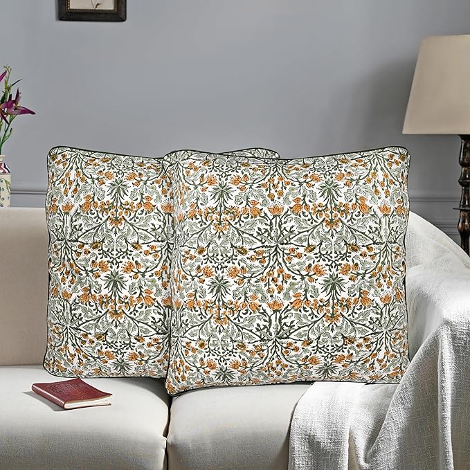 Ridhi Block Print Goldenrod Yellow Pillow Cover 16" x 16" (Pack of 2) Decorative Couch Pillows for Living Room, Chic Boho Cute Outdoor Pillows Covers Gifts for Spring, Easter and Valentine
