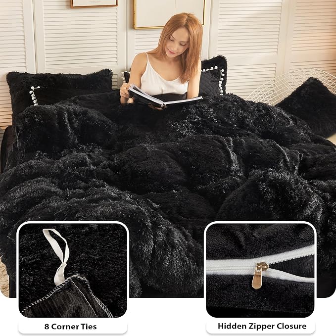 LIFEREVO Luxury Plush Shaggy Duvet Cover Set, Ultra Soft Fluffy Furry Duvet Cover Set(1 Faux Fur Fuzzy Comforter Cover + 2 Pom Poms Velvet Pillow Cases) Solid Bedding Set, Zipper Closure(King, Black)