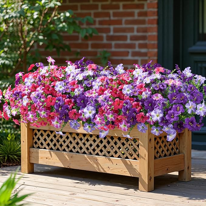 Artificial Flowers for Outdoors Fake Plants Outside Decoration, 20 Bundles Fuchsia Silk Petunia with Eucalyptus UV Resistant Realistic Faux Flowers for Outdoor Planters Garden Balcony Yard Porch Patio
