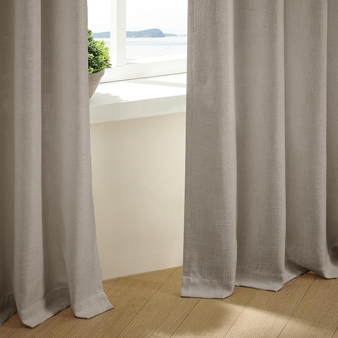 Pinch Pleated Linen Curtains 98 Inches Long for Living Room 2 Panels Set Greyish Beige Flax Double Pleated Drapes Back Tab Farmhouse Ceiling Floor 98 Inch Window Curtains Bedroom Burlywood Birch