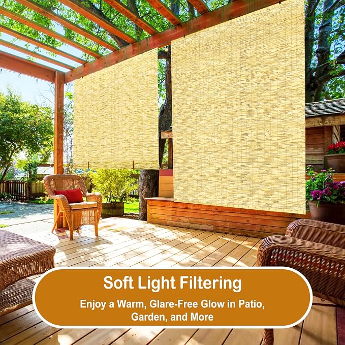 DoubleFill 2 Pcs Bamboo Shades Outdoor Reed Roll up Blinds 60" W x 72" H Blackout Sunshade Cordless Bamboo Blinds for Home Porch, Patio & Windows Decor Shutters Sunlight Privacy Screen(Natural)