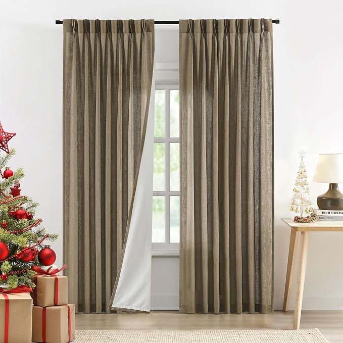 Central Park Pinch Pleat Light Filtering Curtain Panel with Microfiber Liner 102 Inch for Living Room, Linen Blended Textured Window Treatment for Bedroom with Back Tab Hooks, Café Brown, 40"Wx102"Lx2