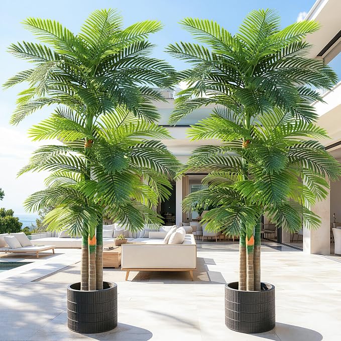 10ft Tall Triple Golden Cane Palm Artificial Tree Large Tropical Palm Tree UV Resistant Fake Plant in Pot for Indoor Outdoor Big House Living Room Outside Patio Office Home Decor 1Pack