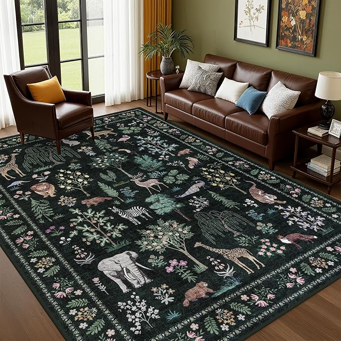 6x9 Area Rugs Living Room Rug: Vintage Washable Rug Floral Soft Carpet Indoor Floor Non-Slip Boho Stain Resistant Large Carpets for Bedroom Kids Nursery Dining Room Farmhouse Home Office Green
