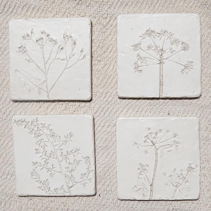 Ceramic Coasters Set of 4 – White Vintage Engraved Flower Design, Non-Slip Cork Base Coasters for Coffee Table, Bar & Home Decor