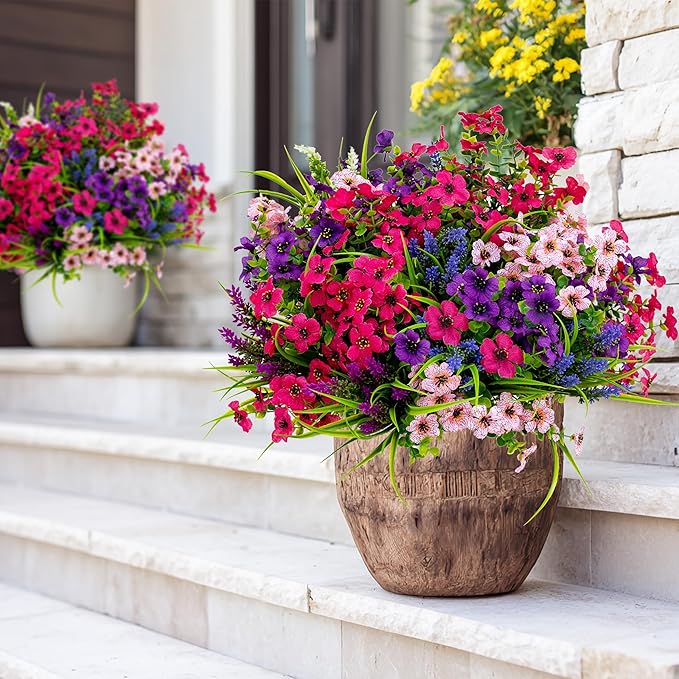 AXYLEX Artificial Flowers for Outdoors Fake Plants - 16 Bundles Faux Outside Greenery Boxwood No Fade Plastic Shrubs Fall Decor Farmhouse Home Garden Thanksgiving Mums (Mix White Purple Pink)
