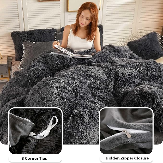 LIFEREVO Luxury Plush Shaggy Duvet Cover Set, Soft Velvet Fluffy Furry Duvet Cover Set(1 Faux Fur Fuzzy Comforter Cover+1 Pom Poms Pillow Sham)Solid Bedding Set, Zipper Closure(Twin/Twin XL,Dark Gray)
