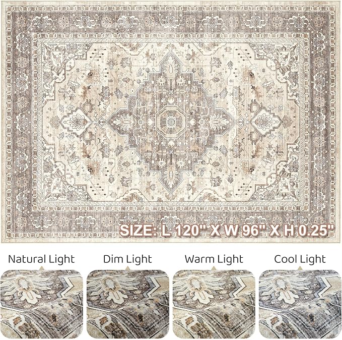 8x10 Area Rugs Living Room: Washable Boho Large Neutral Vintage Soft Rug Stain Resistant Farmhouse Non Slip Indoor Floor Carpet for Bedroom Nursery Kids Playroom Office Dining Room Home Decor- Brown