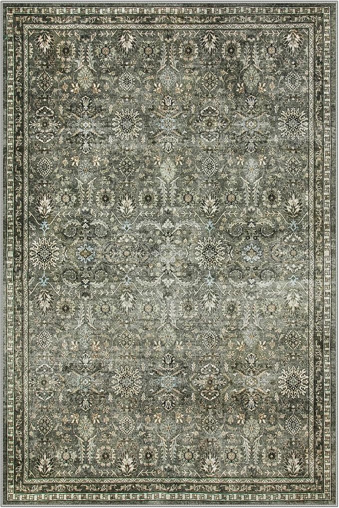 Lahome Sage Green Area Rug 6x9, Machine Washable Rugs for Living Room, Boho Vintage Soft Bedroom Carpet for Dining Room Nursery Apartment Office, Dark Green | Vintage Non Slip Non Shedding Soft Carpet for Bedroom Dining Room Nursery