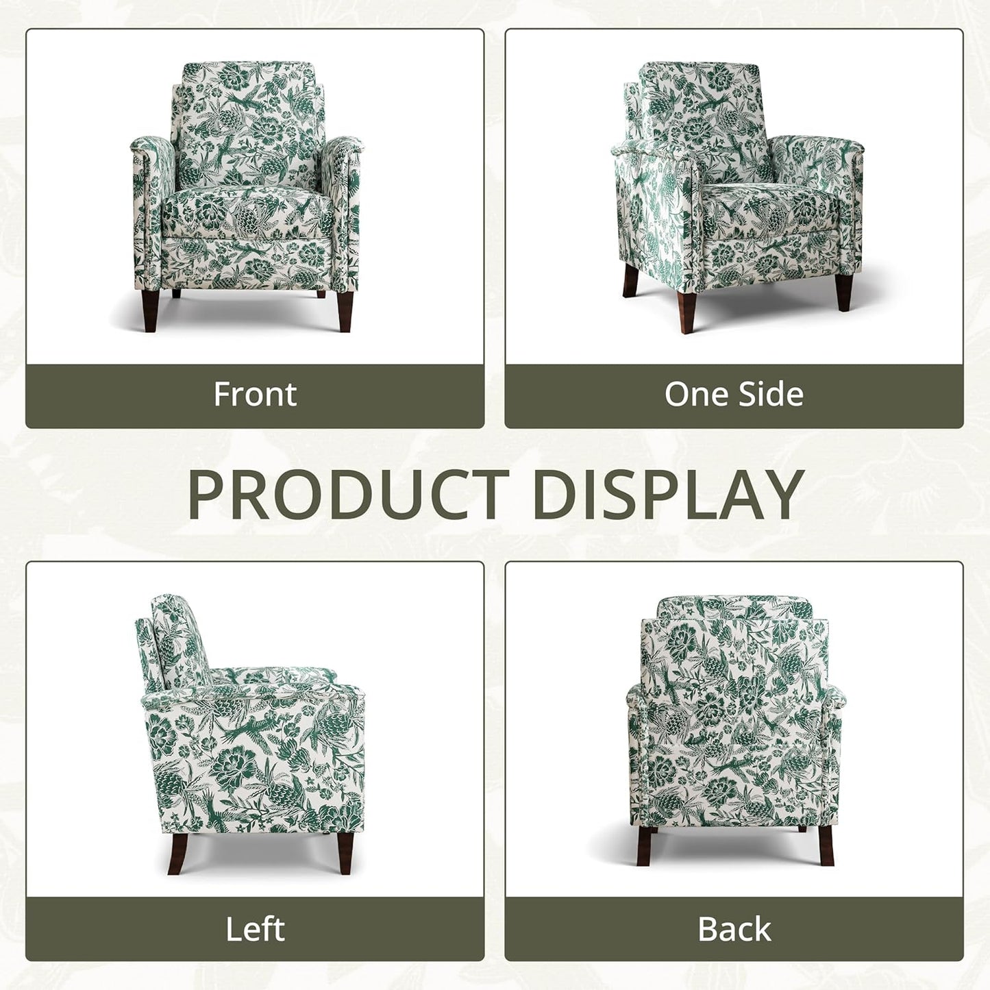 Floral Accent Chair Set of 2, High Back Upholstered Armchair with Solid Wooden Legs, Padded Armrest and Removable Comfortable Cushioned Seat Single Sofa for Living Room, Bedroom, Green