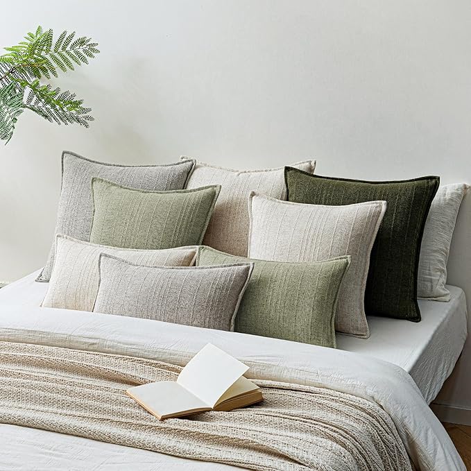 a moment Linen Pillow Covers Set of 2,Boho Farmhouse Throw Pillowcases Neutral Textured Decorative Covers for Couch Sofa,Linen Blend Accent Case Cushion Living Room Home Decor 26"x26"Seeding Green