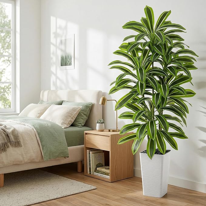 Artificial Dracaena Tree:5FT Faux Silk Tropical Yucca Floor Trees Realistic Fake Green Plant with Natural Wood Trunk & Lifelike Leaves for Home Office Decor Indoor & Outdoor (5FT,1-Pack,White)