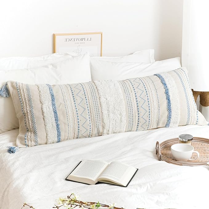 BlissBlush 20X54 Oversized Large Lumbar Pillow Cover for Bed, Rectangular Long Decorative Throw Pillowcase, Cotton Boho Accent Cushion with Blue Tufted Pattern and Tassels, Cream Neutral (Cover Only)