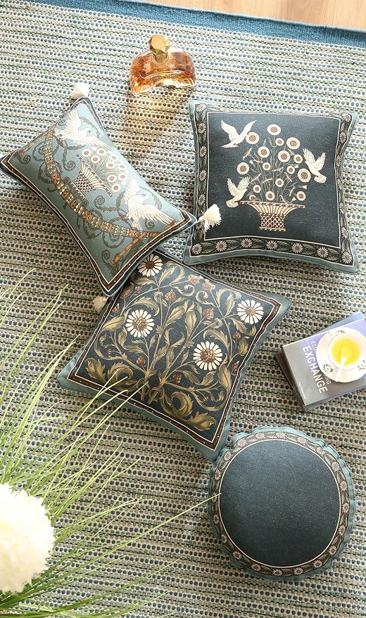 bilin gaier Green Throw Pillow Covers Set of 2,French Farmhouse with White Birds and Flowers Pattern Linen Pillowcases,Decorative Square Pillows Cushion Covers for Couch Sofa Bed Chair,18x18 Inches