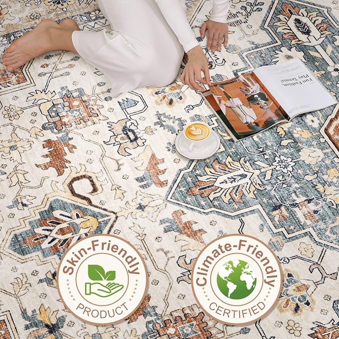LOONGRUG 12x18 Rug Living Room: Washable Boho Large Neutral Vintage Soft Area Rug Stain Resistant Distressed Non-Slip Indoor Floor Carpet for Bedroom Nursery Playroom Office Dining Room- Beige Blue