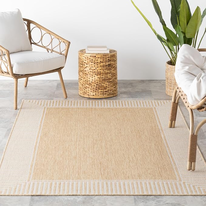 Nuloom Asha Tan/Ivory, 6'7" x 9', Casual, Striped Border, Soft and Cozy, High Traffic, Easy Clean, Durable Area Rug for Indoor/Outdoor Patio, Deck, Porch, Garden, Courtyard