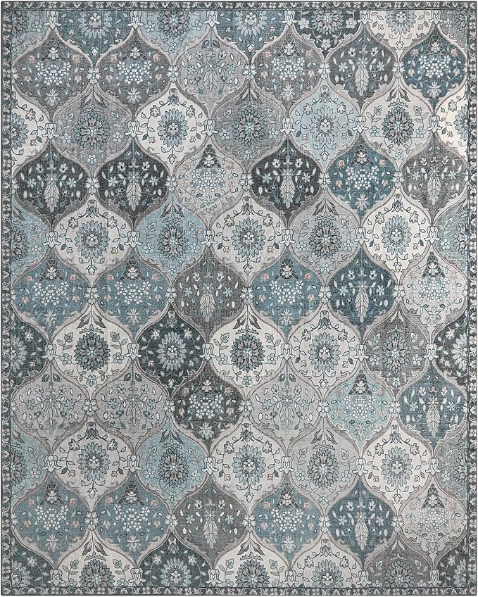 Lahome Moroccan Trellis Washable Rugs 9x12, Soft 9x12 Area Rug for Living Room Bedroom, Ultra-Thin Non-Slip Non Shedding Distressed Throw Large Carpet for Dining Room Office Elise, Blue