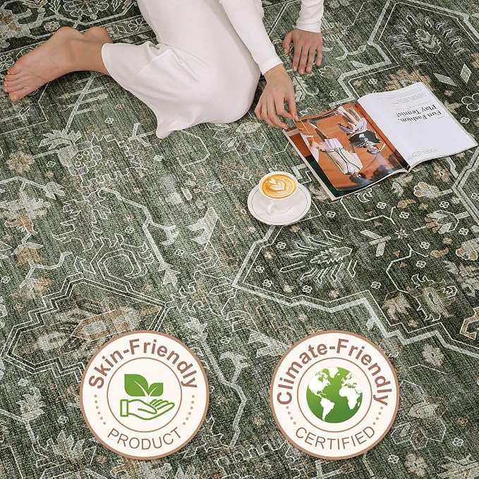7x10 Area Rug Living Room: Washable Boho Large Neutral Vintage Soft Rugs Stain Resistant Farmhouse Non Slip Indoor Floor Carpet for Bedroom Nursery Kids Playroom Office Dining Room Home- Dark Green