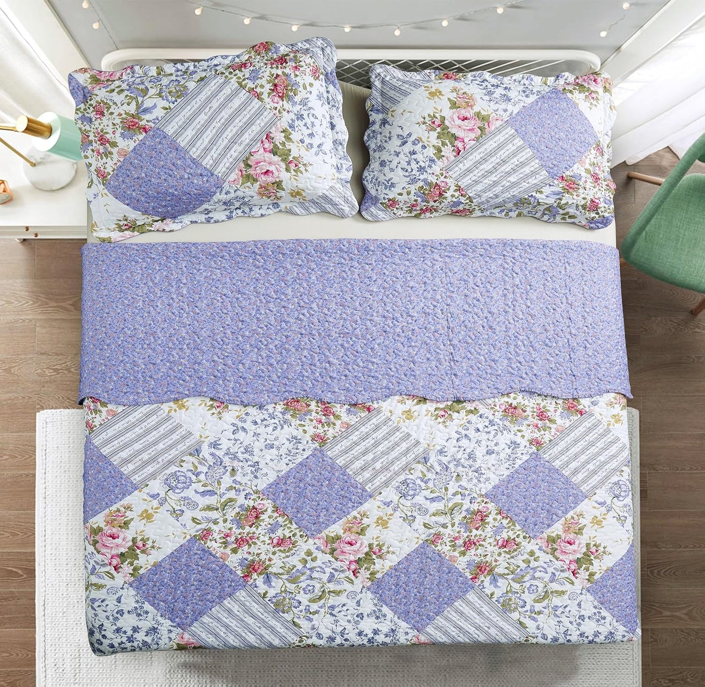 Brilliant Sunshine Rose Violet Patchwork, 3-Piece Quilt Set with 2 Shams, Reversible Bedspread, Soft Lightweight Coverlet, All-Season, King, Rose Violet