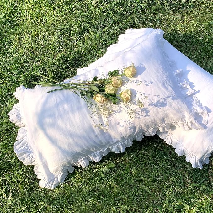 Linen Ruffled Pillow Cases, 100% French Natural Linen Pillowcase Set of 2, Decorative Boho Pillow Cases Ruffle Bedding King Size (20''x40''), White