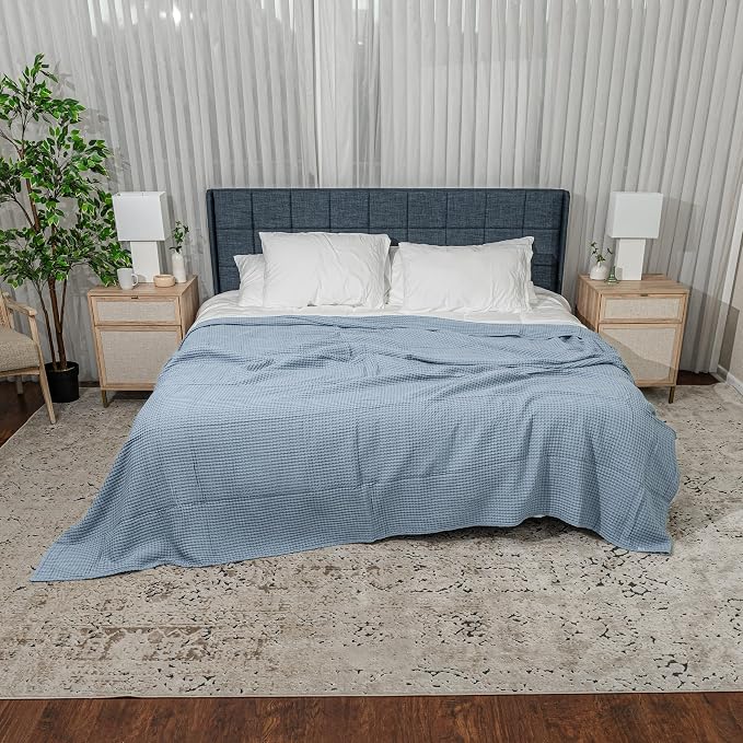 Comfy Cubs Waffle Blanket Twin, 90" x 66" - 100% Cotton Lightweight Breathable Bed Blanket - Soft Textured Thermal Weave for All Seasons – Decorative Cozy Layer for Couch, Sofa, or Bed - Pacific Blue