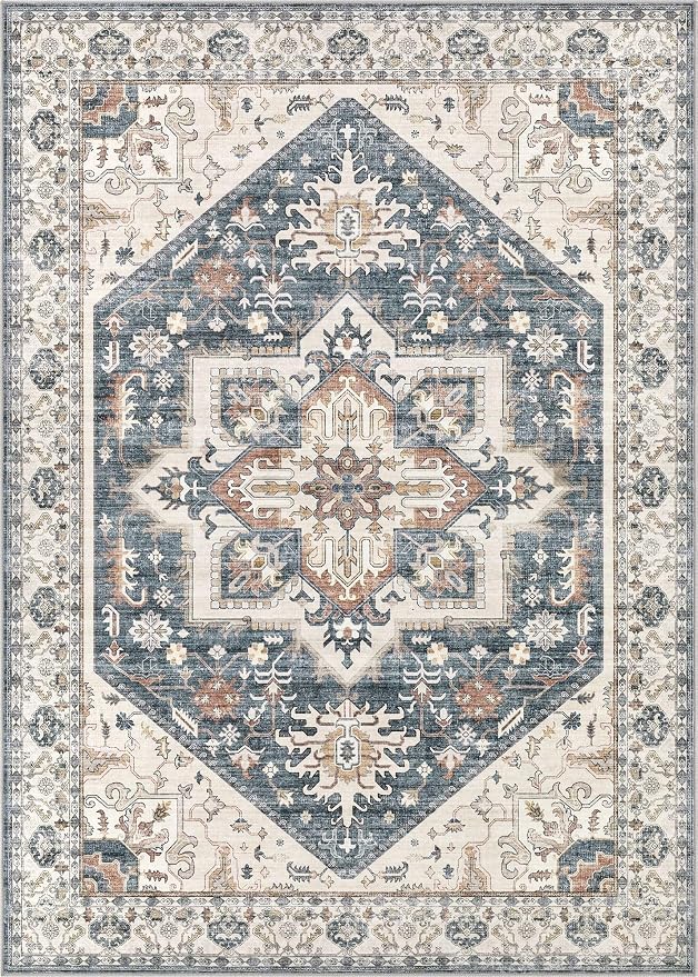 10x12 Area Rug for Living Room- Machine Washable Soft Oriental Vintage Large Indoor Floor Carpet for Bedroom Under Dining Table Home Office Decor - Vintage Blue