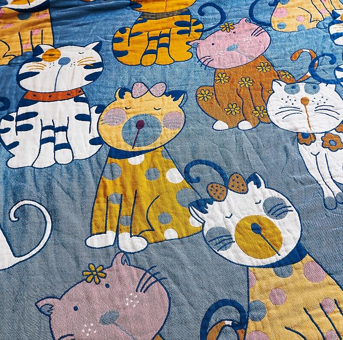 MEJU Kitty Cats Kids Child Muslin Blanket Throw Reversible Cover for Bed Sofa Couch, 100% Combed Cotton 4 Layer Soft Warm Quick Dry Throw Blanket Bed Coverlet Quilt Sheet Blue Twin 60 in x 80 in