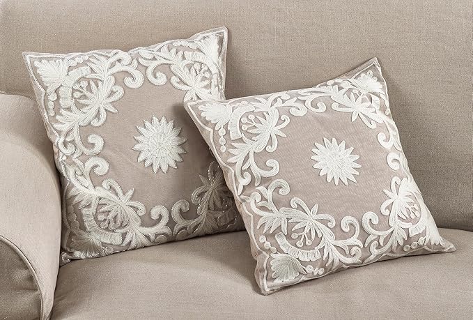 SARO LIFESTYLE Embroidered Floral Design Cotton Poly Filled Throw Pillow, 18", Ivory