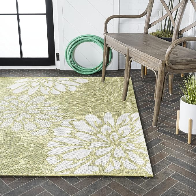 JONATHAN Y Floral Textured Weave Indoor Outdoor Area Rug 8X10 Green/Cream, Zinnia Modern for Backyard, Patio, Porch, Easy-Cleaning, High Traffic, Pet-Friendly, Non-Shedding (SMB110H-8)