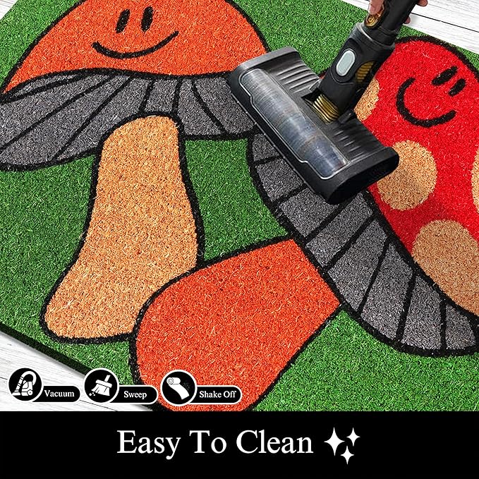 A1HC Natural Coco Coir Door Mat Dancing Mushroom Doormat with Heavy Duty Non-Slip PVC Backing - 18" x 30" - Easy to Clean, Welcome Mat for Home, Low-Profile Durable Doormat
