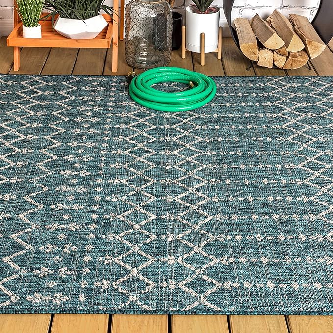JONATHAN Y Moroccan Geometric Indoor Outdoor Area Rug 4X6 Teal/Gray, Ourika Textured Weave for Backyard, Patio, Porch, Easy-Cleaning, High Traffic, Pet-Friendly, Non-Shedding (SMB108C-4)