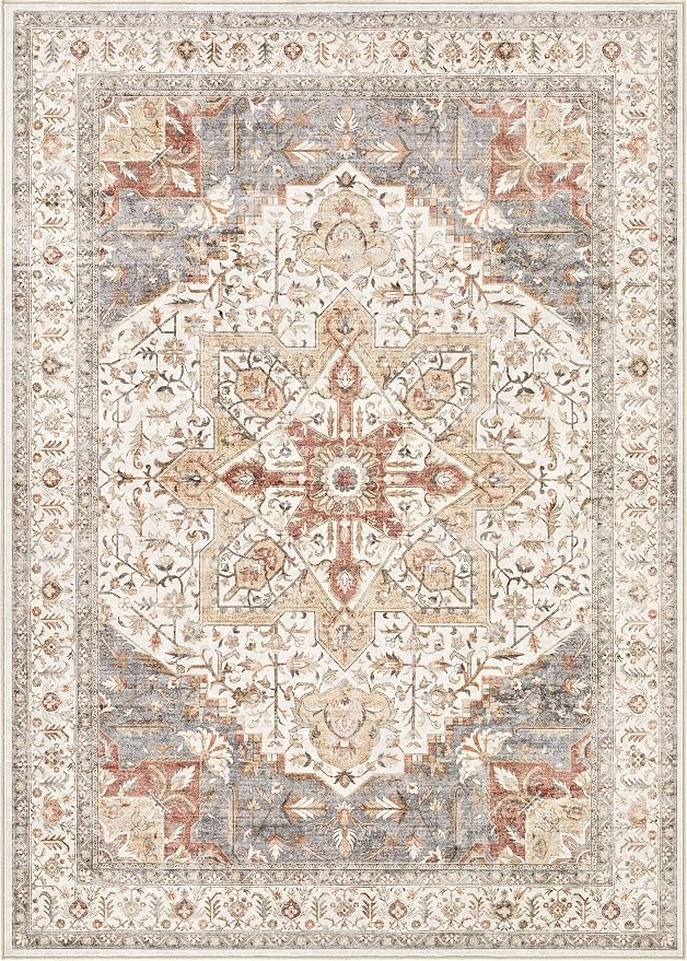 Tortania Area Rug Living Room Rugs - 10x14 Washable Boho Rug Vintage Oriental Distressed Farmhouse Large Thin Indoor Carpet for Living Room Bedroom Under Dining Table Home Office - Orange Multi