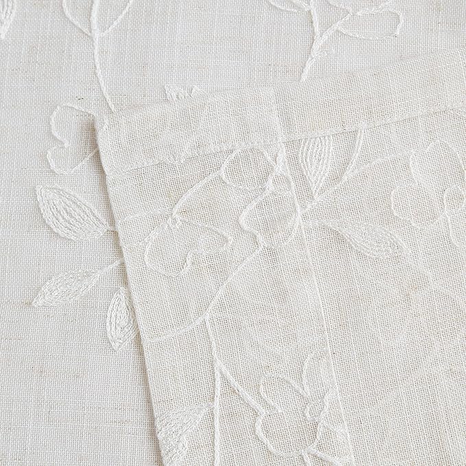 Vision Home Linen Embroidered Floral Pinch Pleated Sheer Curtains Leaf Patterned Rustic Light Filtering Window Panels for Living Room Bedroom Flower Rustic Pleat Drapes with Back Tab Hooks 40"Wx95"Lx2