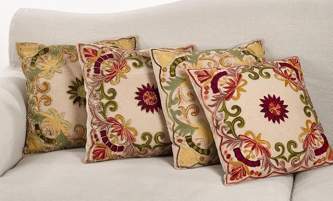 SARO LIFESTYLE Embroidered Floral Design Cotton Poly Filled Throw Pillow, 18", Green