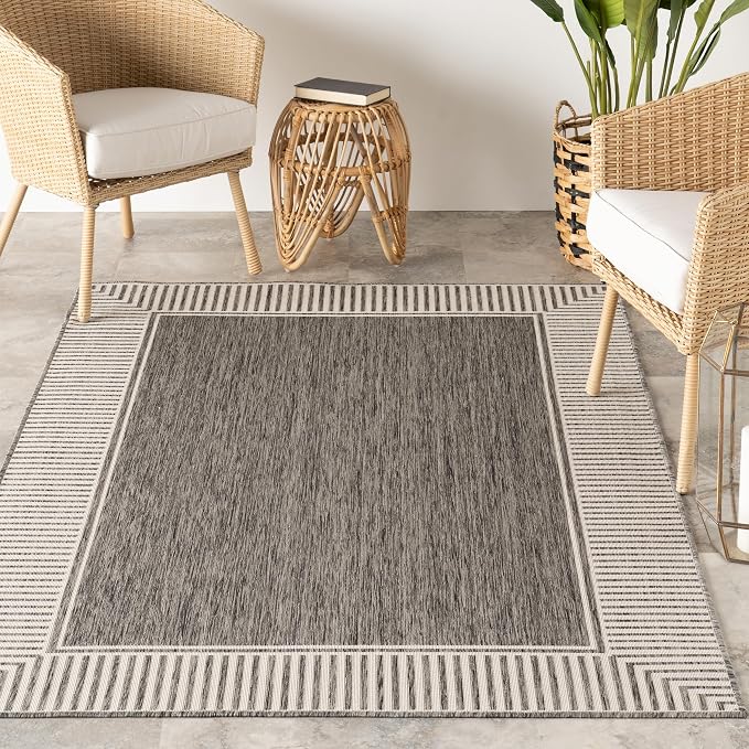 Nuloom Asha Grey/Ivory, 8' x 10', Casual, Striped Border, Soft and Cozy, High Traffic, Easy Clean, Durable Area Rug for Indoor/Outdoor Patio, Deck, Porch, Garden, Courtyard