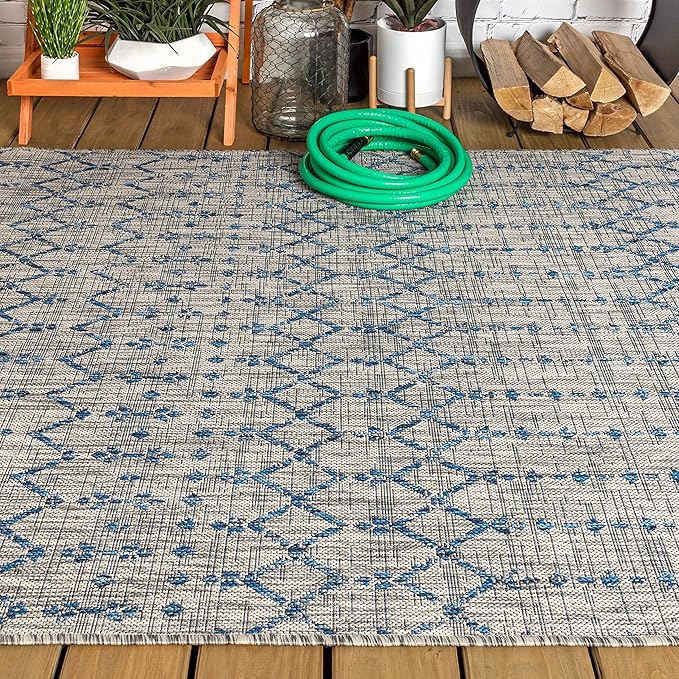 JONATHAN Y Moroccan Geometric Indoor Outdoor Area Rug 8X10 Light Gray/Navy, Ourika Textured Weave for Backyard, Patio, Porch, Easy-Cleaning, High Traffic, Pet-Friendly, Non-Shedding (SMB108A-8)