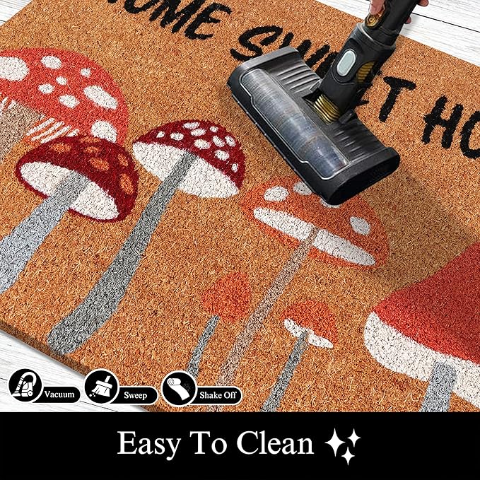 A1HC Natural Coco Coir Door Mat Home Sweet Home Mushroom Doormat with Heavy Duty Non-Slip PVC Backing - 18" x 30" - Easy to Clean, Welcome Mat for Home, Porch Decor Doormat
