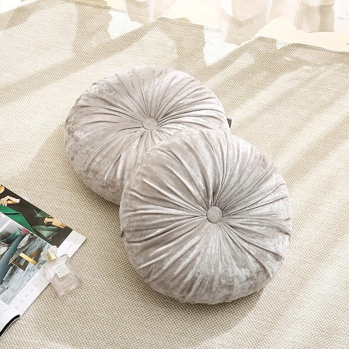 Verpert Pack 2:Round Floor Cushions Pillow, Solid Color Velvet Meditation Cushion Pumpkin Pleated Meditation Pillow for Home Sofa Bed Car Decor Floor Pillow Cushion Beige